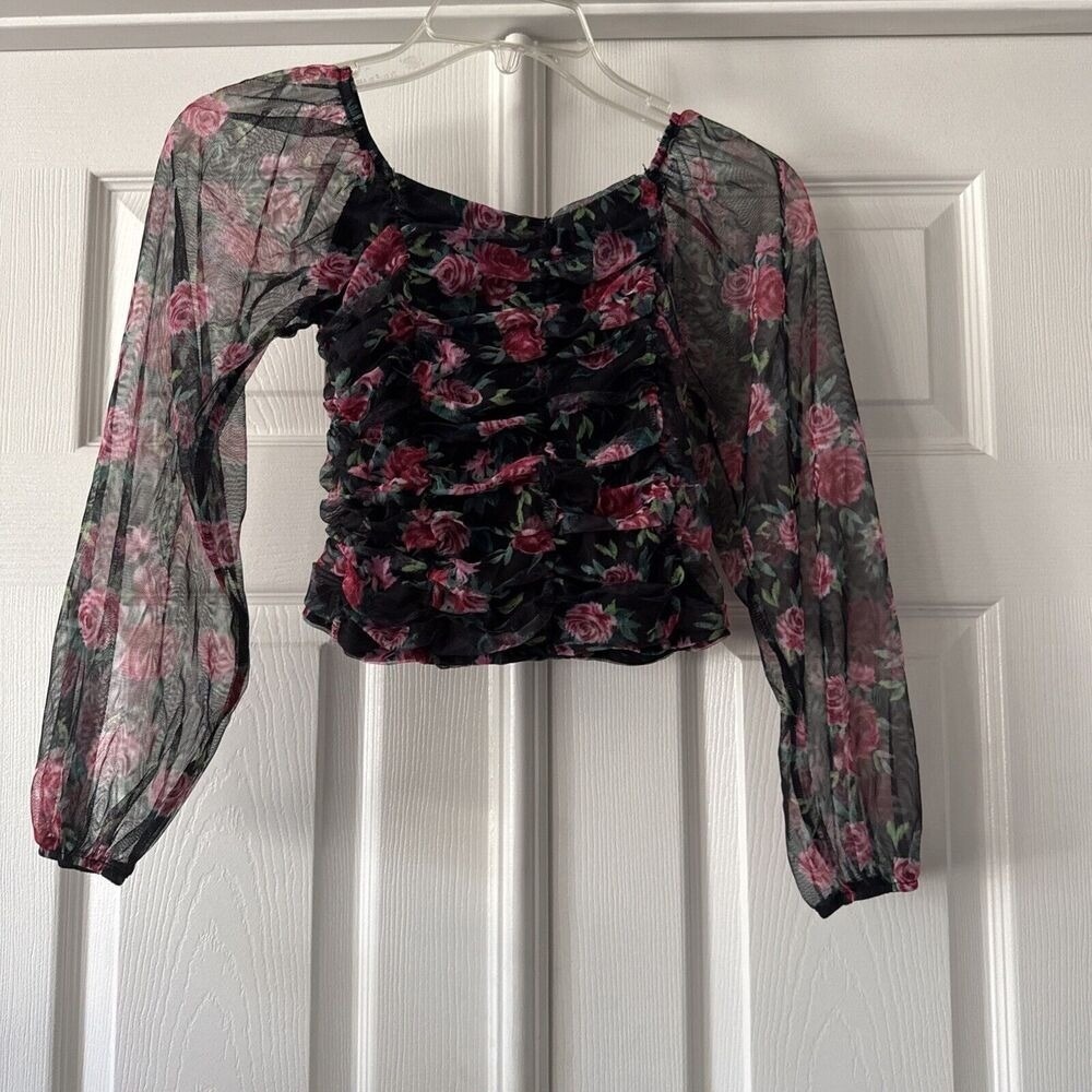 Girls M Black Pink Floral Mesh Long Sleeve Ruched Top Fairy Grunge Y2K Art Class